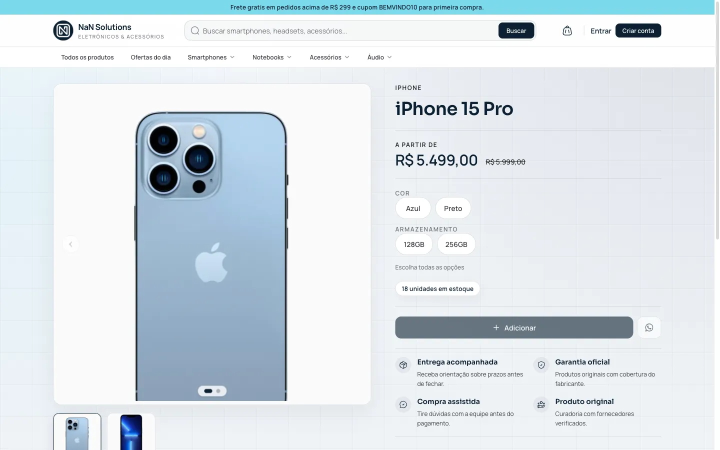 Página de produto da loja online da NaN