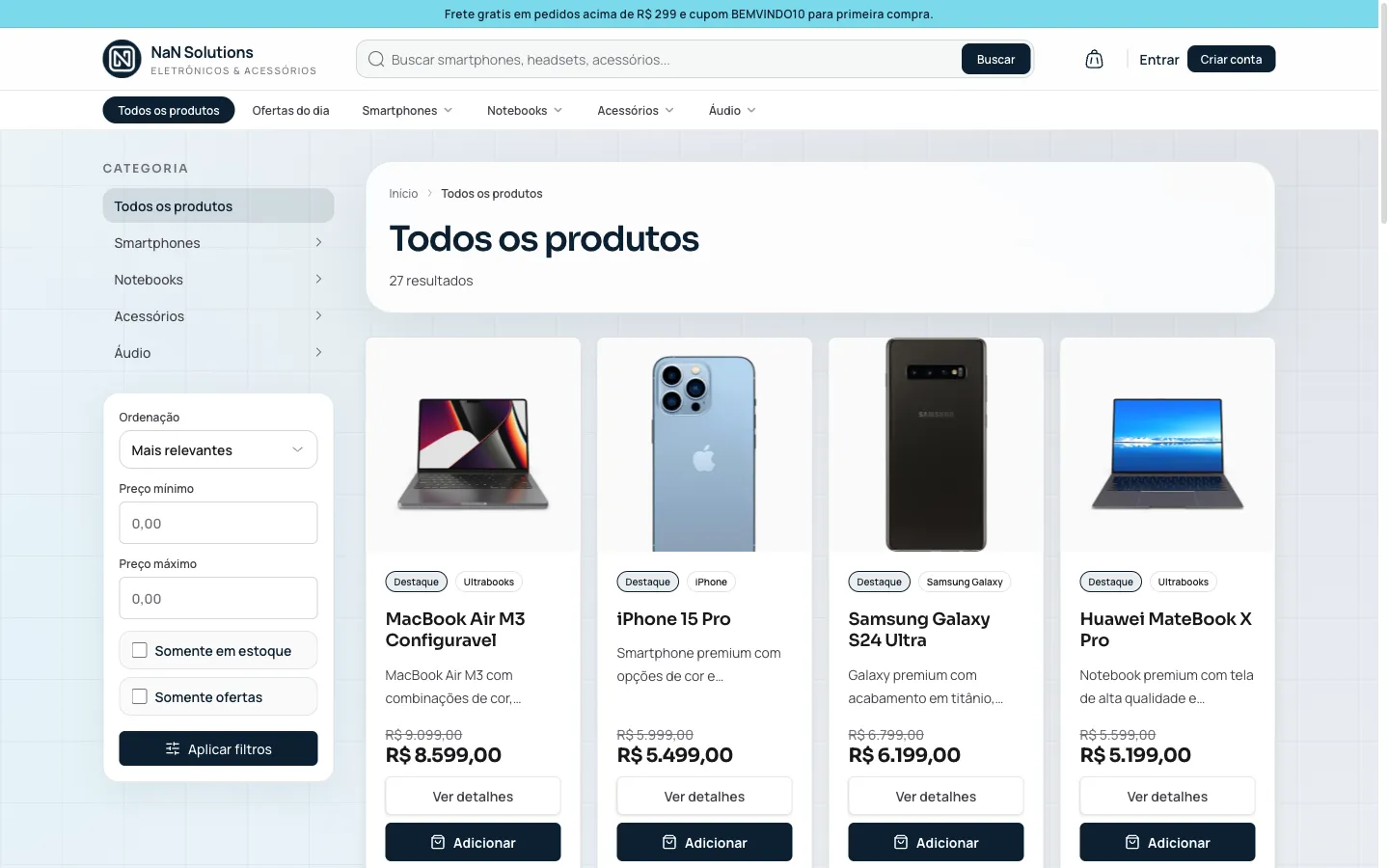 Vitrine da loja online da NaN com catálogo de smartphones, notebooks e acessórios